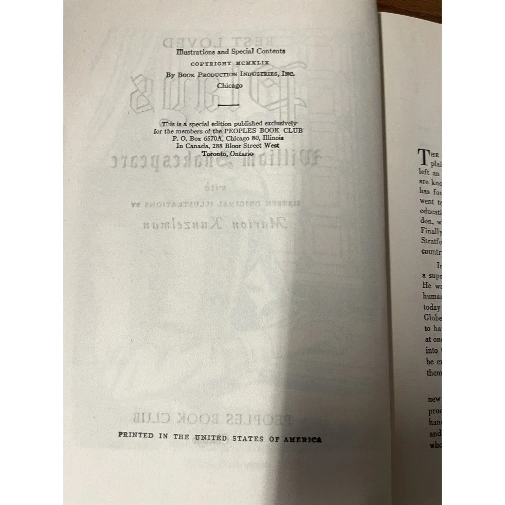 Best Loved Plays of William Shakespeare Illustrated Marion Kunzelman Peoples